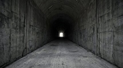 Fototapeta premium Straight tunnel narrowing to a single pinprick of light at the far end, stark perspective, concrete walls.
