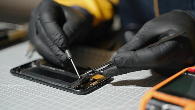 Professional technician repairing a smartphone using a multimeter for circuit diagnostics in an electronics workshop. Ideal for technology, repair service, and engineering