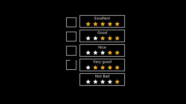 Customer feedback survey form with five-star rating system and checkbox selection on black background
