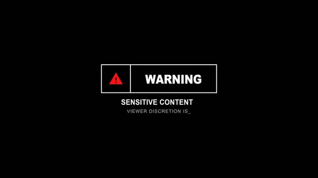 Dark sensitive content warning sign typing effect watch guideline animation 4k motion graphics broadcast video overlay