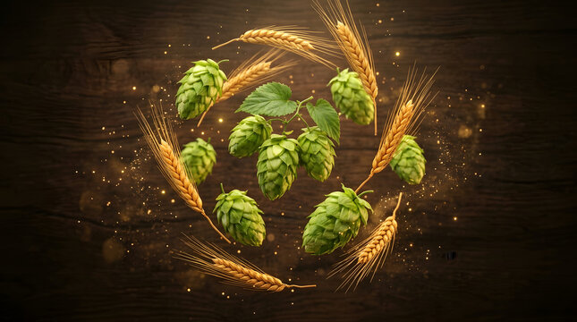 Fresh green hops and golden wheat ears floating on a dark rustic wooden background