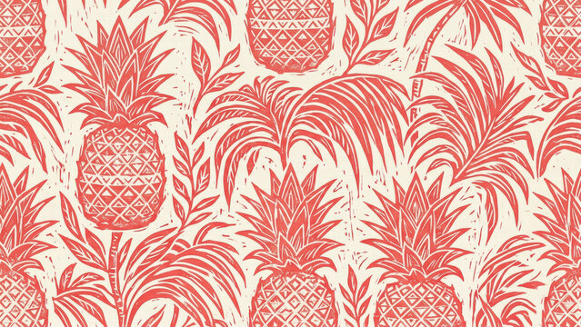 Woodblock Print Pattern with Coral Pineapples and Palm Leaves on Cream Background - Tropical Linocut Design