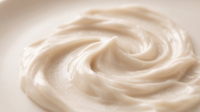 Close up view of smooth white cosmetic face cream texture swirled on a clean surface