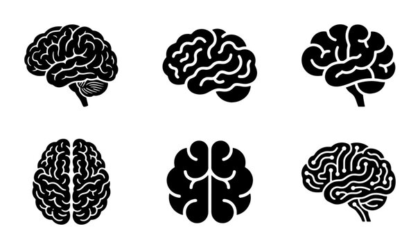 Set of Six Black Brain Icons, Medical and Science Vector Graphics, Human Anatomy and Neurology Symbols
