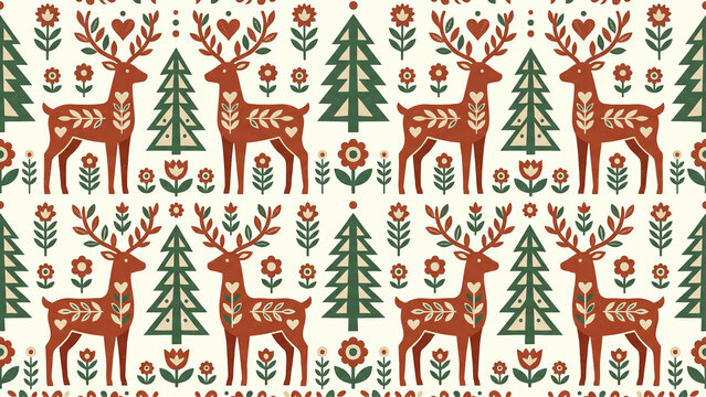 Scandinavian Folk Art Pattern with Reindeer, Pine Trees and Flowers in Terracotta and Green - Nordic Design