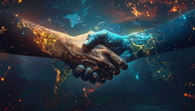 Cosmic Handshake - A Fusion of Worlds in Agreement.
