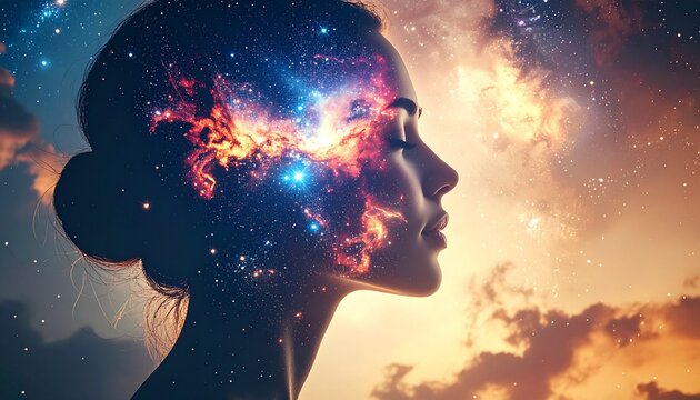 Cosmic Mind - A Womans Silhouette Merged with the Universes Splendor.