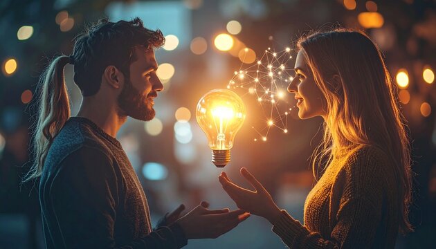 Couple sharing a bright idea with a glowing lightbulb.