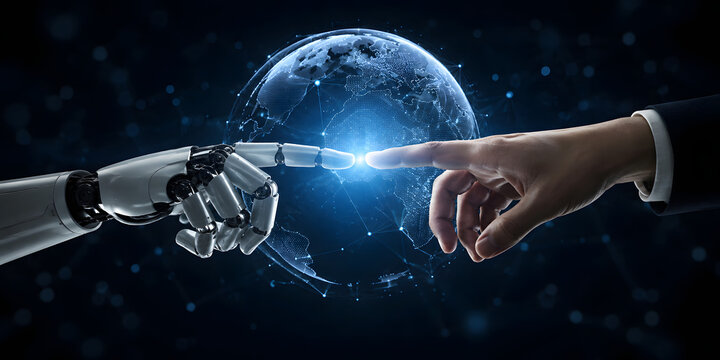 Robot and human hands touching near earth globe symbolizing artificial intelligence and technology integration.