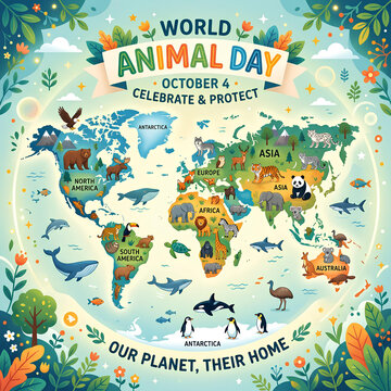 World Animal Day map featuring global wildlife illustrations.