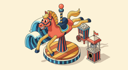 Naklejka premium Amusing carousel horse and vintage popcorn cart illustration