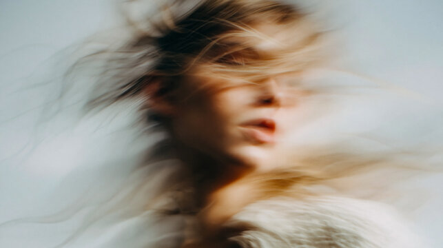 Female face disappears into soft motion blur during a quiet moment in daylight as hair flows across her skin to create a minimalist scene of movement and grace