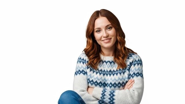 A smiling young woman with auburn hair wearing a cozy patterned sweater