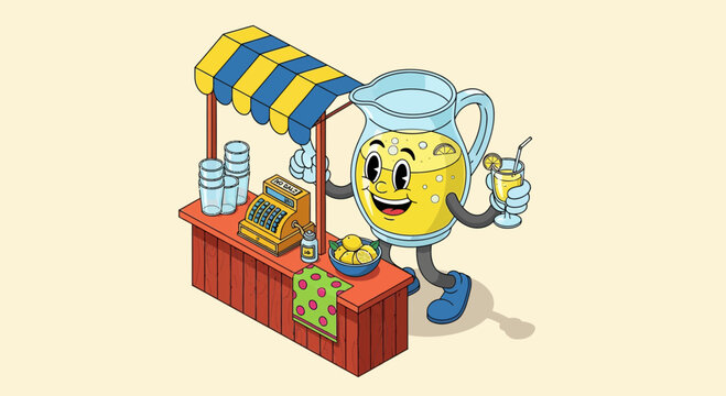 Cartoon pitcher character selling lemonade from a stand with cash register