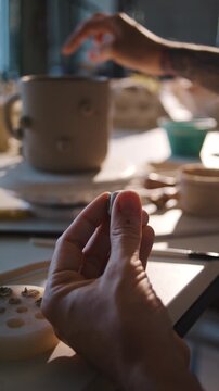 Potter shapes tiny clay detail between fingertips at worktable