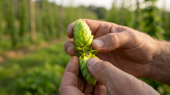 Farmer hands inspecting fresh green hop cones in a commercial brewery hop field garden.