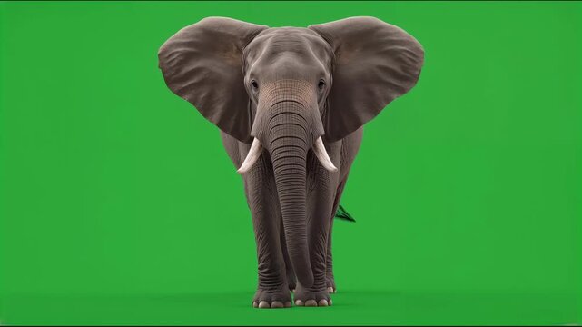 Front view african elephant standing calmly isolated on green screen 4K video for video editing