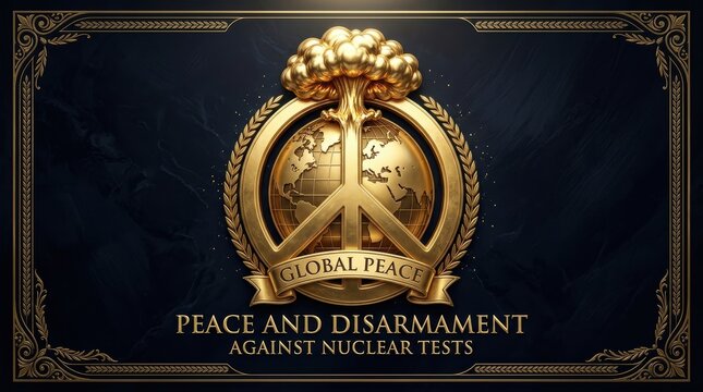 Global peace symbol with earth globe and mushroom cloud icon for nuclear disarmament and anti war movement