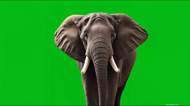Close up portrait african elephant head and tusks isolated on green screen 4K video for video editing