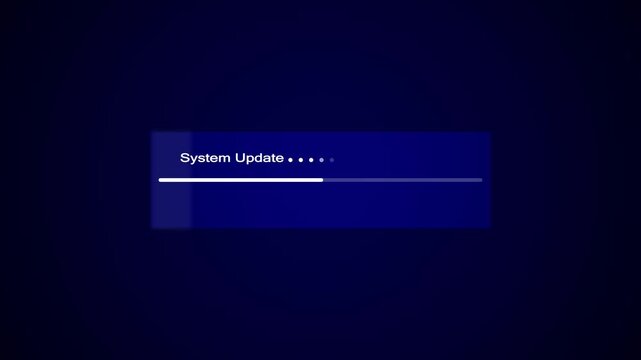Digital interface a system update progress bar with text and animated dots on a dark blue gradient background representing technology and software processes