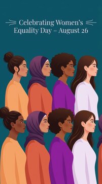 Diverse group of women standing together celebrating women equality day on august 26 illustration