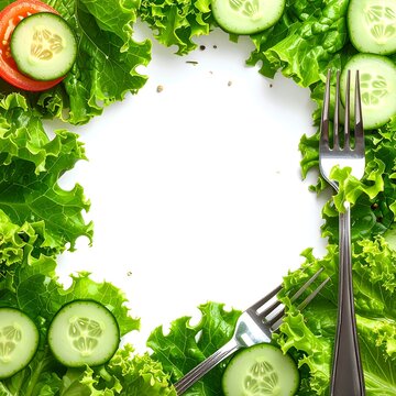 Fresh salad frame with forks on white background.