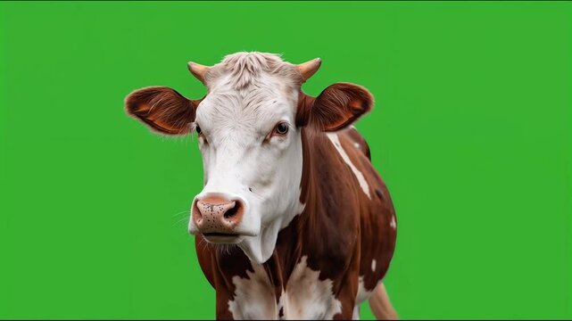Portrait of a brown and white cow facing camera isolated on green screen 4K video for video editing