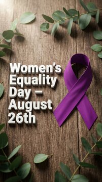 Purple ribbon for women equality day on august 26th on a rustic wooden background
