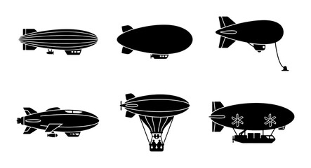 Vintage Airship Icons, Retro Blimp Silhouettes, Steampunk Zeppelin Graphics, Classic Dirigible Vector Set © Soliman