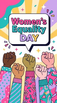 Women equality day celebration with raised fists representing diversity and unity in a vibrant colorful pop art style illustration