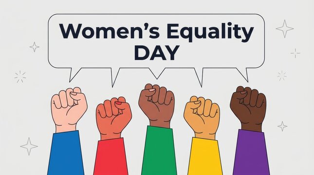 Diverse group of people raising fists in solidarity for women equality day celebration