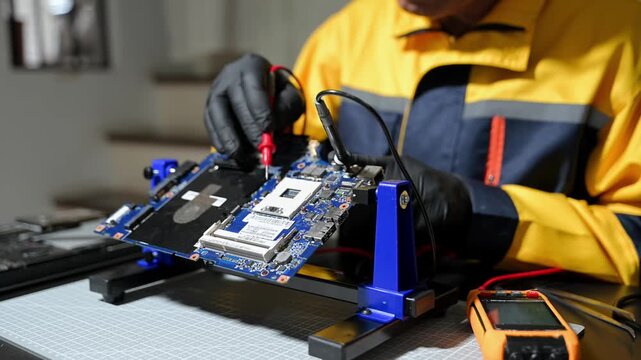 The technician is putting the CPU on the socket of the computer motherboard. electronic engineering electronic repair, electronics measuring