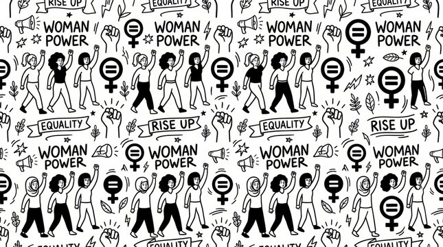 Seamless pattern with women power slogans and feminist protest symbols in hand drawn doodle style