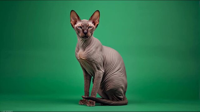 Hairless sphynx cat sitting profile view against green screen 4K video for video editing
