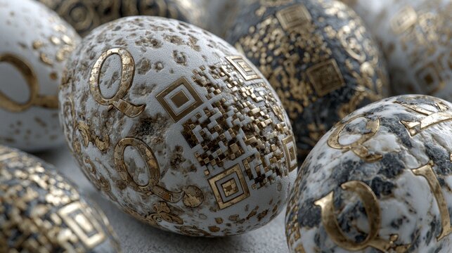 Ornate Golden QR Code Eggs on Marble Surface