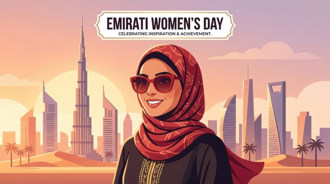Emirati woman wearing a hijab and sunglasses standing in front of the dubai city skyline for emirati women's day celebration illustration