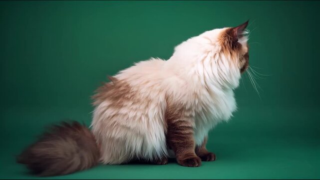 Fluffy himalayan cat with striking blue eyes against a green background 4K video for video editing