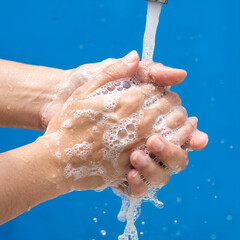 Fototapeta premium Washing hands with soap bubbles on blue background