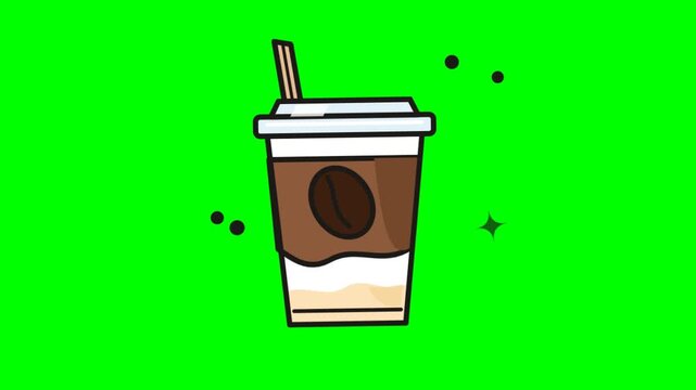 Flat takeaway coffee cup illustration with bean logo on green chroma key background for video editing