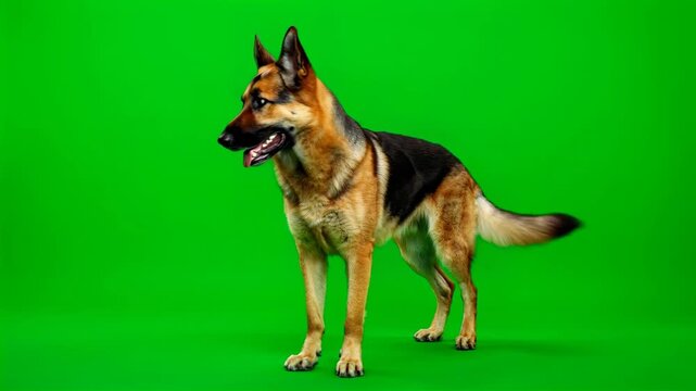 Alert german shepherd dog standing on chroma key background 4K video for video editing