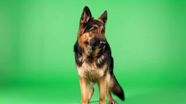 German shepherd standing against a chroma key green background 4K video for video editing