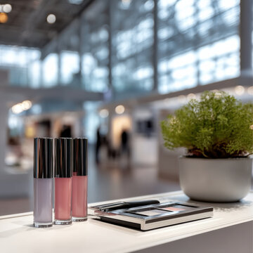 Cosmetic bottle, makeup palette, lipstick, blush, and plant on modern counter in bright indoor space, creating fresh and inviting mood