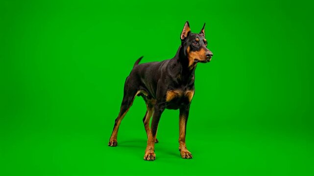 Doberman pinscher standing alert against chroma key green screen 4K video for video editing