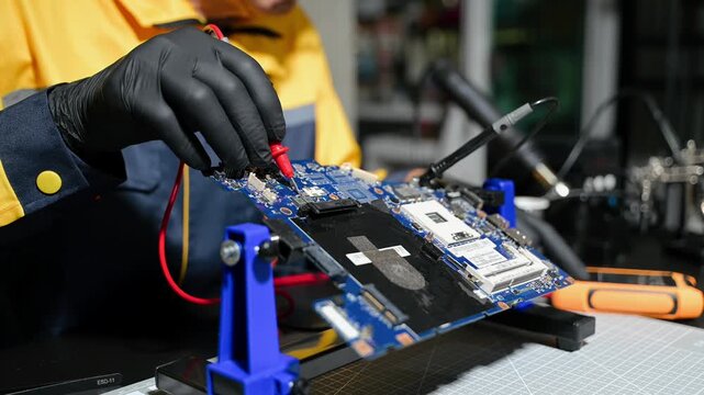 The technician is putting the CPU on the socket of the computer motherboard. electronic engineering electronic repair, electronics measuring