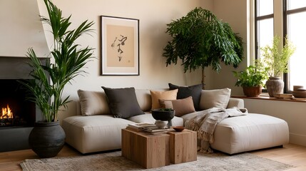 Obraz premium A cozy living room featuring a beige sectional sofa wooden coffee table and lush green plants under natural light