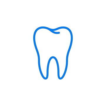 Blue line tooth icon representing dental care, dentistry, oral hygiene, healthcare, and medical clinic vector illustration on white background