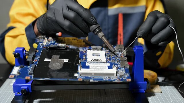 The technician is putting the CPU on the socket of the computer motherboard. electronic engineering electronic repair, electronics measuring