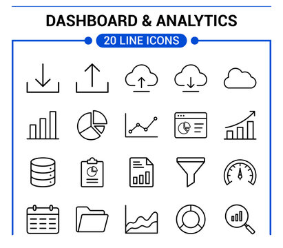 Dashboard and Analytics Line Icon Set Isolated on White Background, Data Analysis, Bar Chart, Cloud, Speedometer Vector