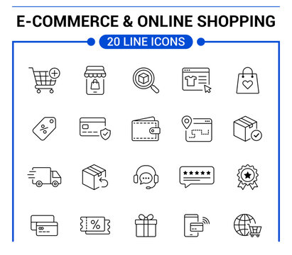 E-Commerce and Online Shopping Line Icon Set Isolated on White Background, Shopping Cart, Store, Delivery, Wallet Vector