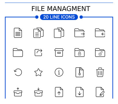 File Management Line Icon Set Isolated on White Background, Document, Folder, Zip File, Archive, Storage Vector